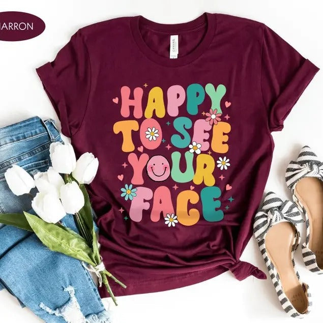 Happy To See Your Face Shirt, Teacher Shirts, First Day Of School Shirt, Teacher Back To School, Retro Groovy Teacher...
