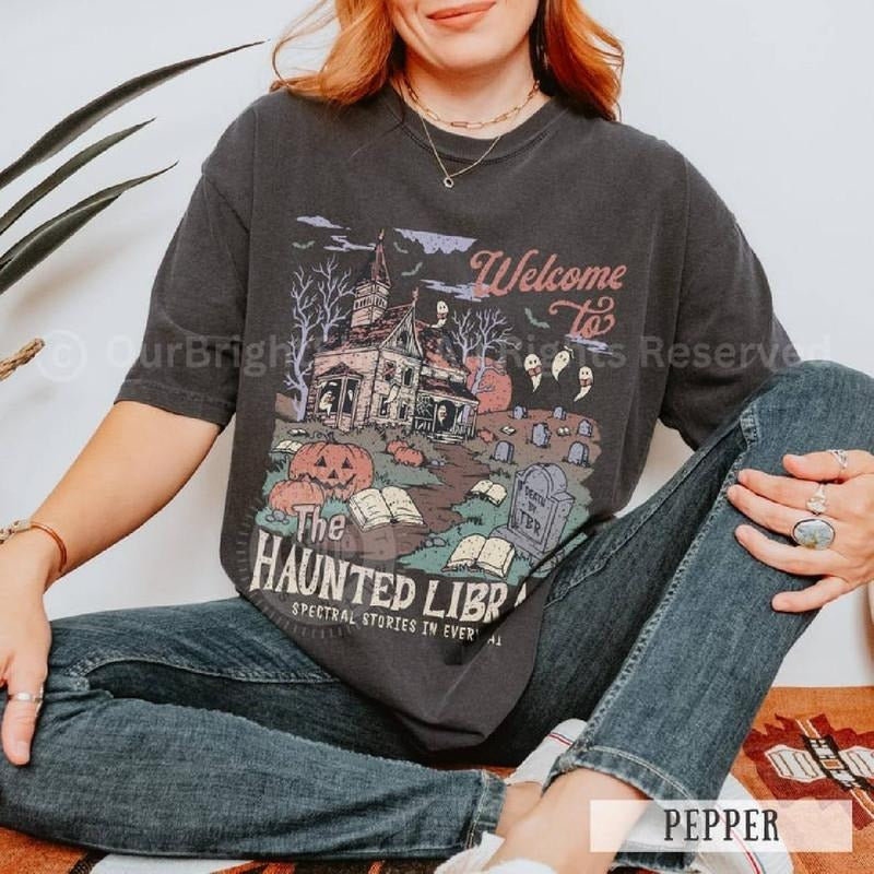 Haunted Library Shirt Funny Ghost Book Lover Tee, Halloween Librarian Graphic TShirt, Spooky Reading Shirt, Ghost...