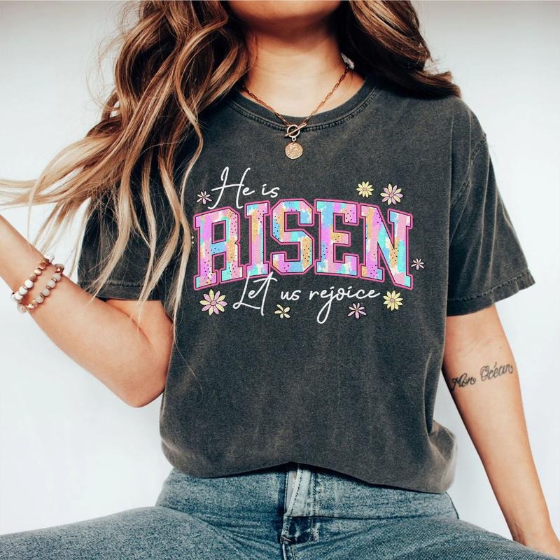 He Is Risen Easter Shirt, Let Us Rejoice Christian Tee, Colorful Faith Sweatshirt for Women, Inspirational Religious...