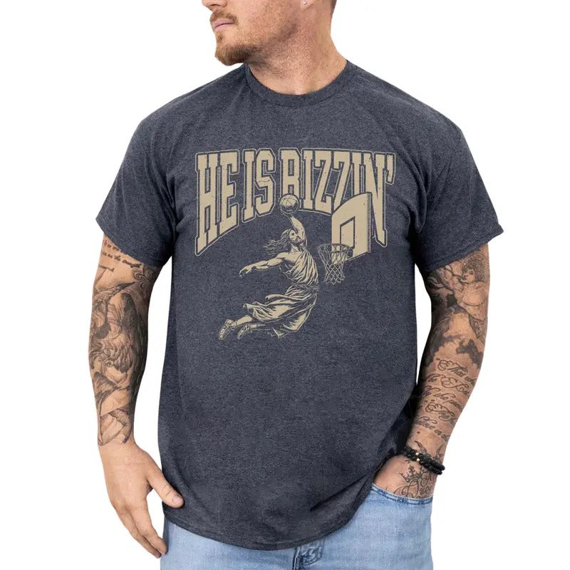 He Is Rizzin' Shirt Y2k Vintage 90s, Funny Jesus Basketball Meme Shirt, He Is Risen Funny Tee, Humor Christian Shirt, Jesus Playing Basketball Tee, Religious Believer Unisex Streetwear Outfits, Comfort Casual Menswear, Heavy Cotton Relaxed Fit Style