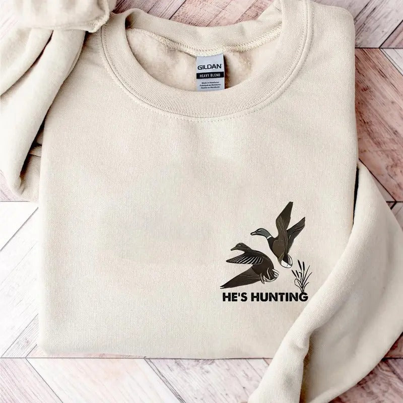 He is Hunting Mallard Duck Sweatshirt, Hunter Life Sweatshirt Pocket, 90s Hunting Season Pullover Sweatshirt, Unisex...