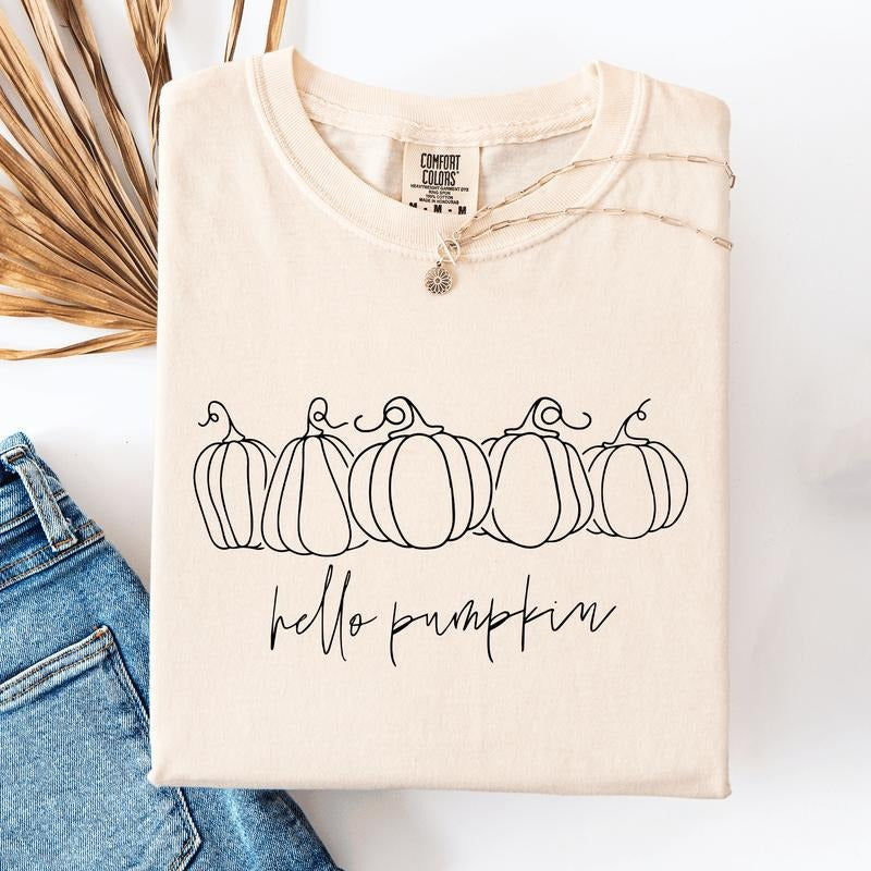 Hello Pumpkin, Minimalist Thanksgiving, Autumn, Fall, Comfort Colors T-Shirt Hoodie, Sweatshirt | CiraTrend.com