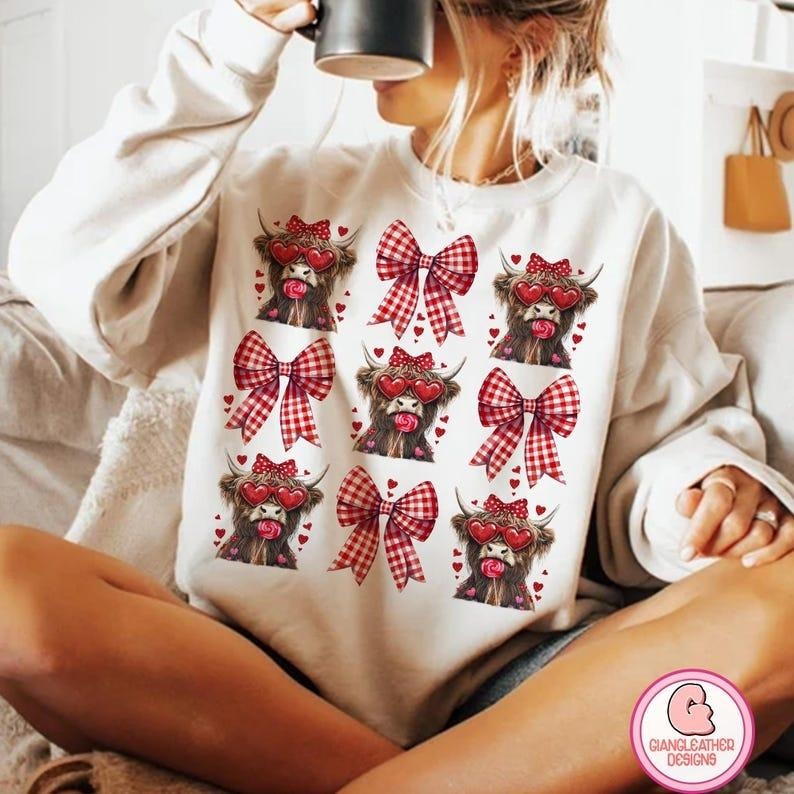 High.land Cow coquette Valentine's Day Blend Crewneck Sweatshirt, Valentine Western Cow T-Shirts, Hoodie | CiraTrend.com