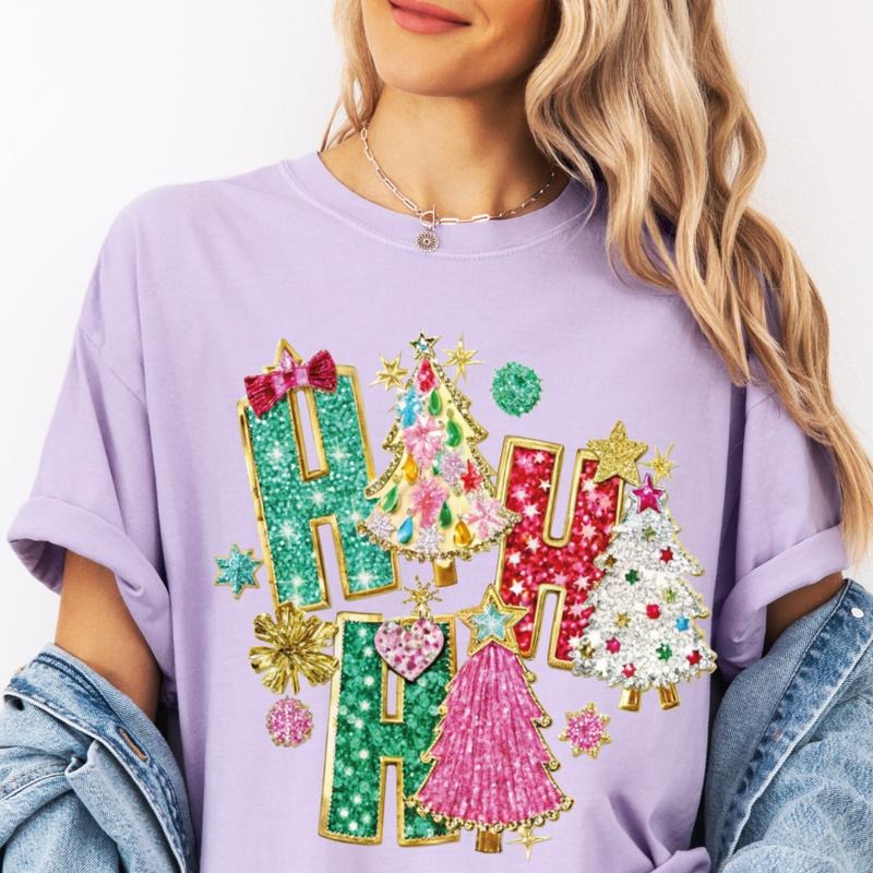Ho Ho Ho Tree Faux Glitter Christmas Shirt~ Unisex Apparel Relaxed Fit Printed In The USA Clothing Womenswear Casual...