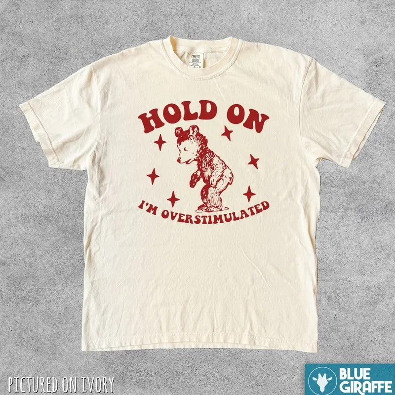 Hold On I'm Overstimulated Funny T Shirt, Cute Comfort Colors T-Shirt Menswear Top Hoodie, Sweatshirt | CiraTrend.com