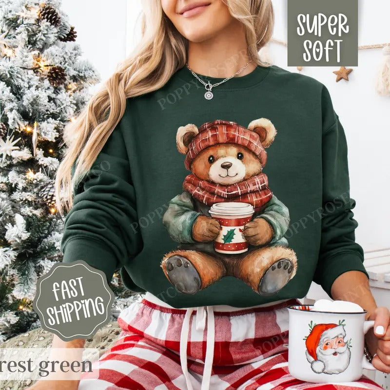 Holiday Bear Sweatshirt, Cute Christmas Sweater, Women's Holiday Crewneck T-Shirts, Hoodie | CiraTrend.com