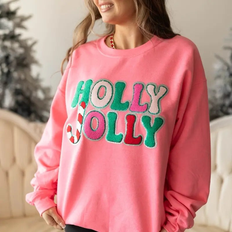 Holly Jolly Chenille Patch Sweatshirt | Holiday Christmas Sweatshirt T-Shirts, Hoodie | CiraTrend.com