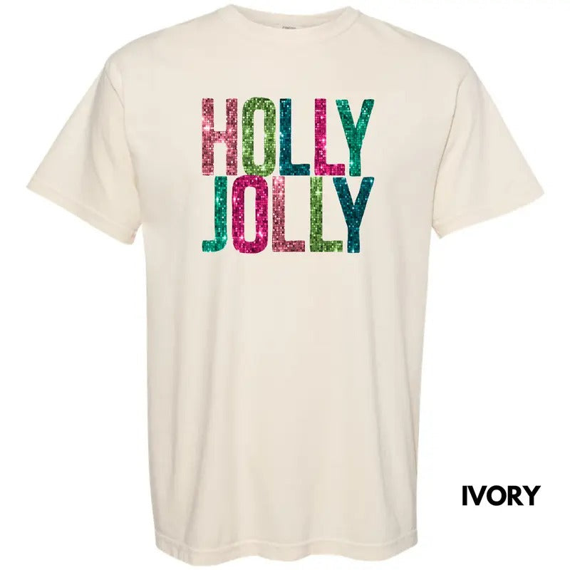 Holly Jolly FAKE Sequins Comfort Colors T-Shirt Hoodie, Sweatshirt | CiraTrend.com