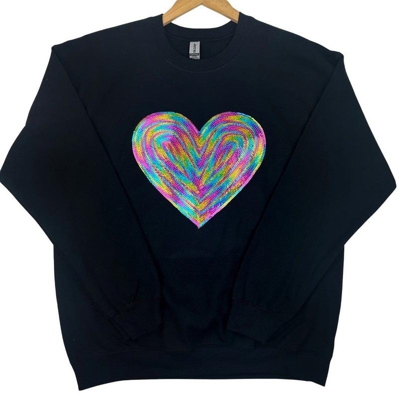 Holographic HEART Sequin Patch Sweatshirt -- BLACK T-Shirts, Hoodie | CiraTrend.com