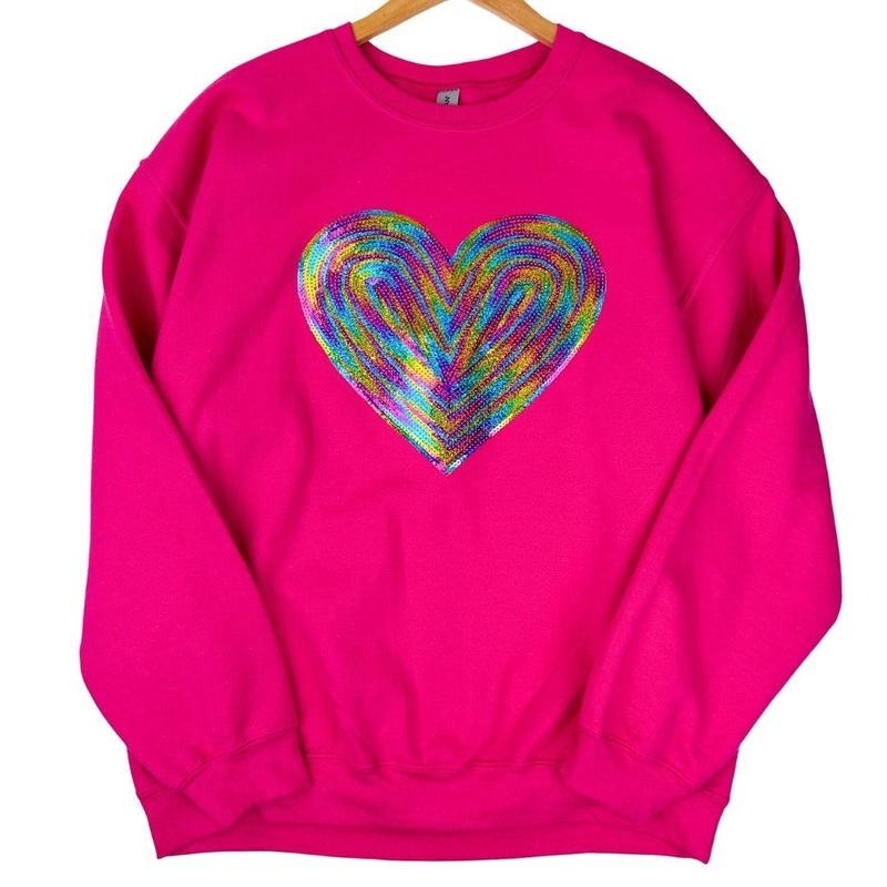 Holographic HEART Sequin Patch Sweatshirt -- HOT PINK T-Shirts, Hoodie | CiraTrend.com
