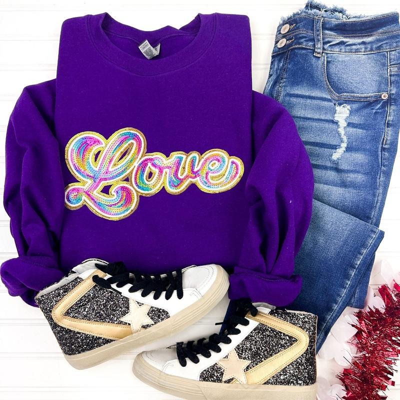 Holographic LOVE Sequin Patch Sweatshirt T-Shirts, Hoodie | CiraTrend.com