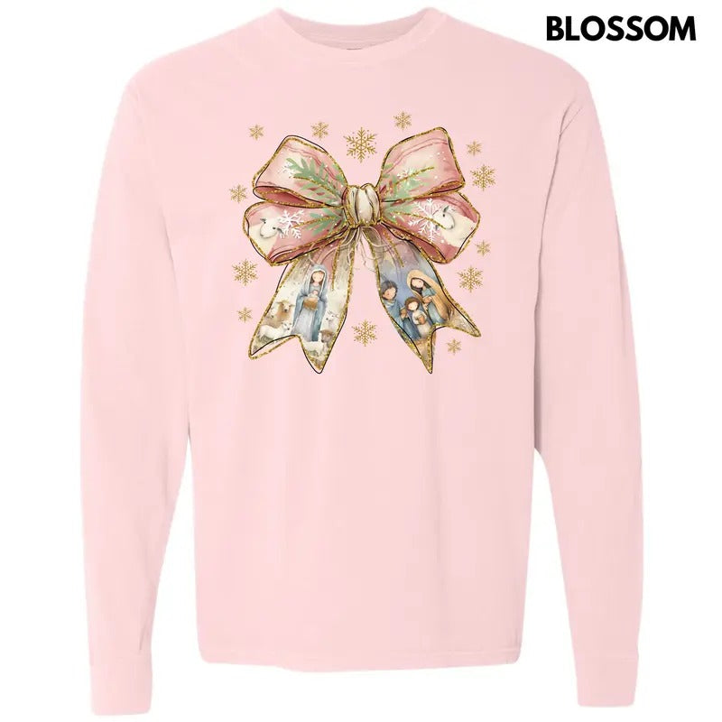 Holy Night Bow Long Sleeve Comfort Colors T-Shirt 'NLB' Hoodie, Sweatshirt | CiraTrend.com