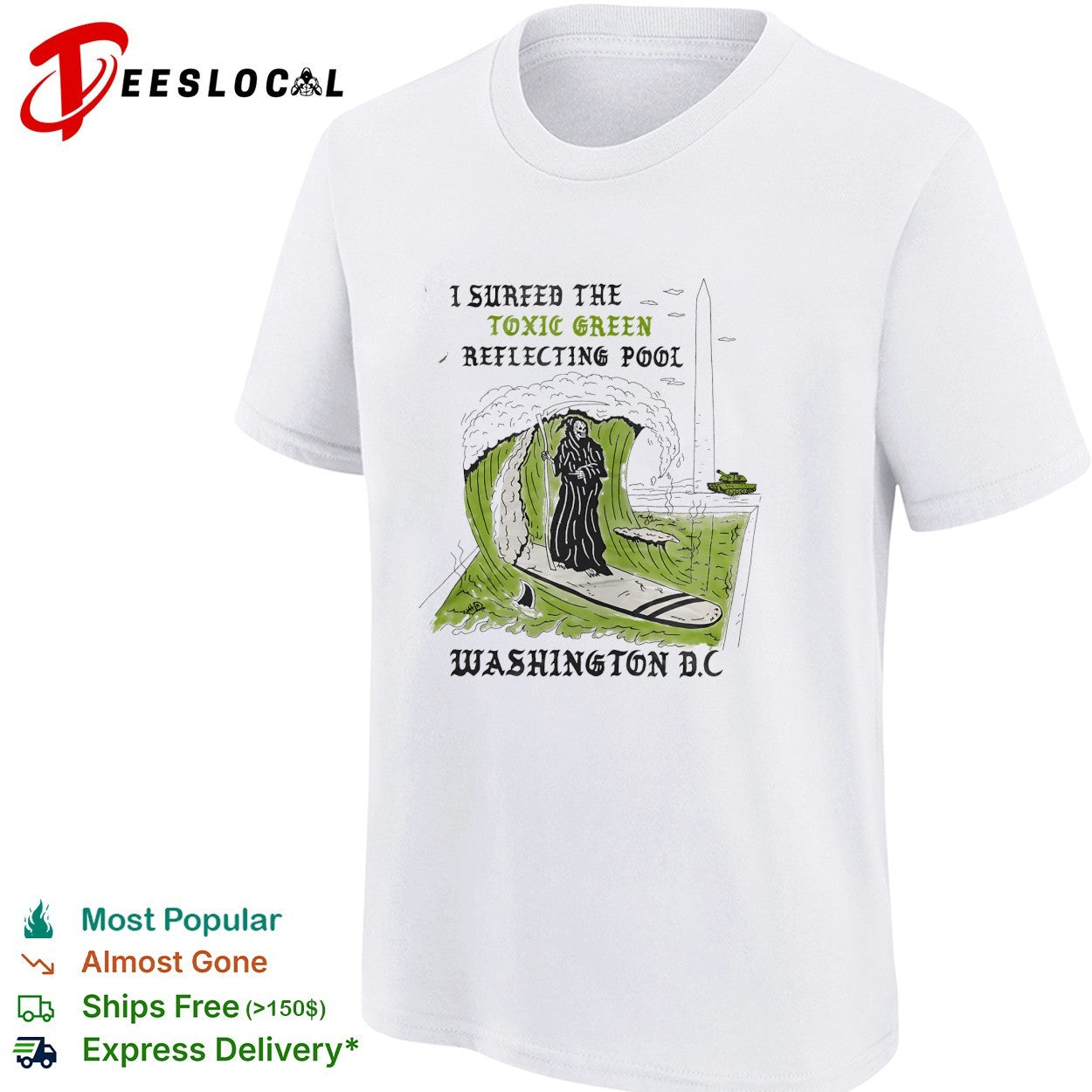 Hooded figure surfing toxic green reflecting pool Washington DC shirt