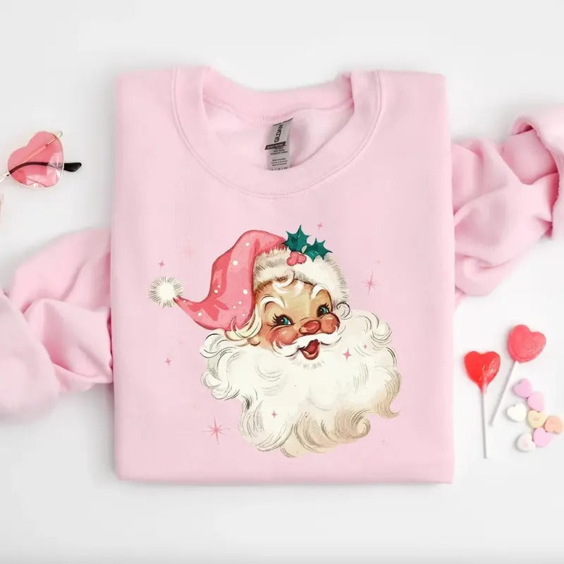 Pink Santa Retro Christmas Shirt/Sweatshirt/Hoodie, Retro Crewneck, Gift For Xmas, Cotton, Womenswear Tops | CiraTrend.com