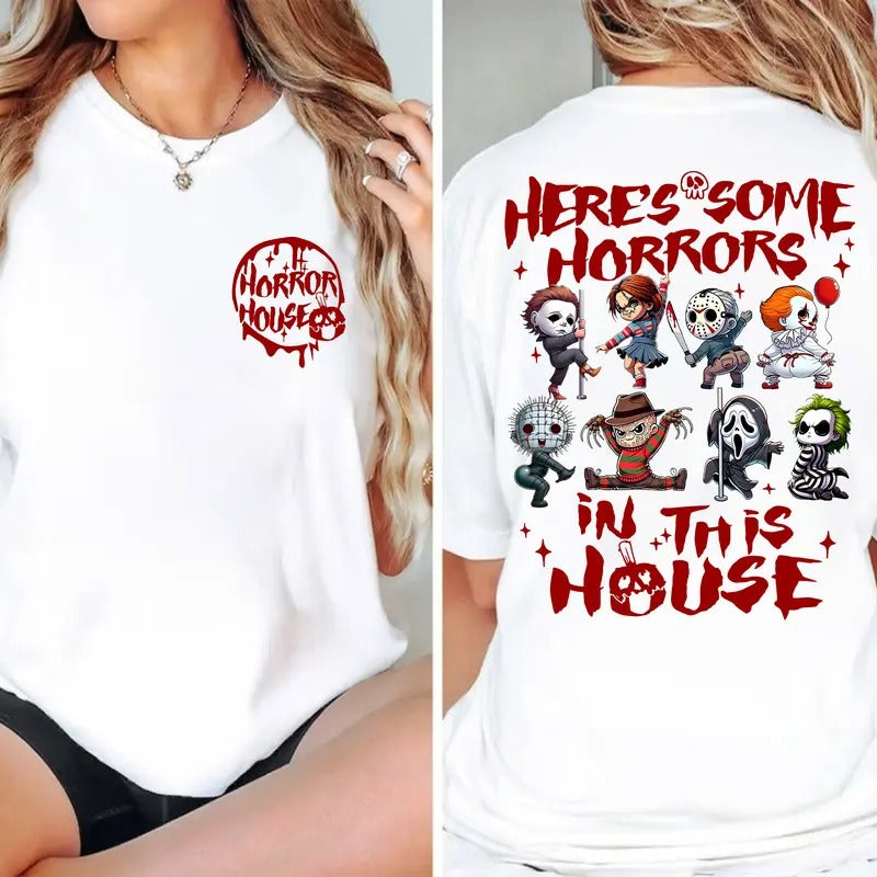 Horror Characters There's Some Horrors In This House 2 Sides Shirt Sweat, Horror Movies Shirt, Halloween Gift Hoodie,...