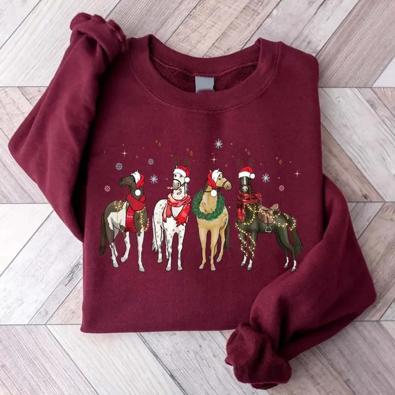 Horse Lover Animal Christmas T-Shirt, Funny Farm Animals Tee, Unisex Cotton Fabric, True to Size Classic Crewneck Hoodie,...