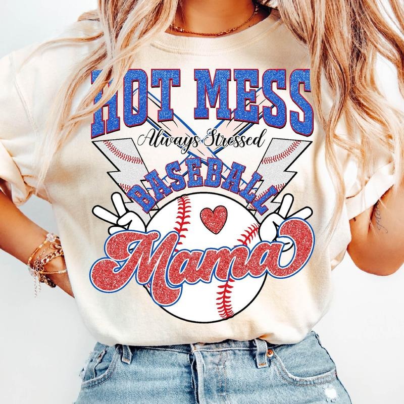 Hot Mess Always Stressed Baseball Mama T-Shirt, Sports Mom Shirt, Baseball Mom Shirt, Game Day T-Shirt, Baseball...