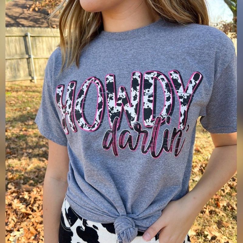 Howdy Darlin Hot Pink Cow Graphic Tee Hoodie, Sweatshirt | CiraTrend.com