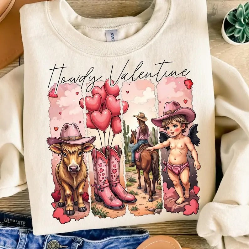 Howdy Valentine  Cupid Love Western XOXO Sweatshirt Retro Valentine Hearts Highland Cow Coquette Bow Valentine's Day gift...