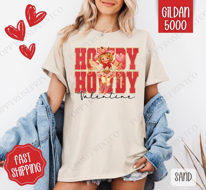 Howdy Valentine Shirt Gildan, Valentine's Day Women's Tee, Cute Women's Tshirt Plus Sizes Hoodie, Sweatshirt | CiraTrend.com
