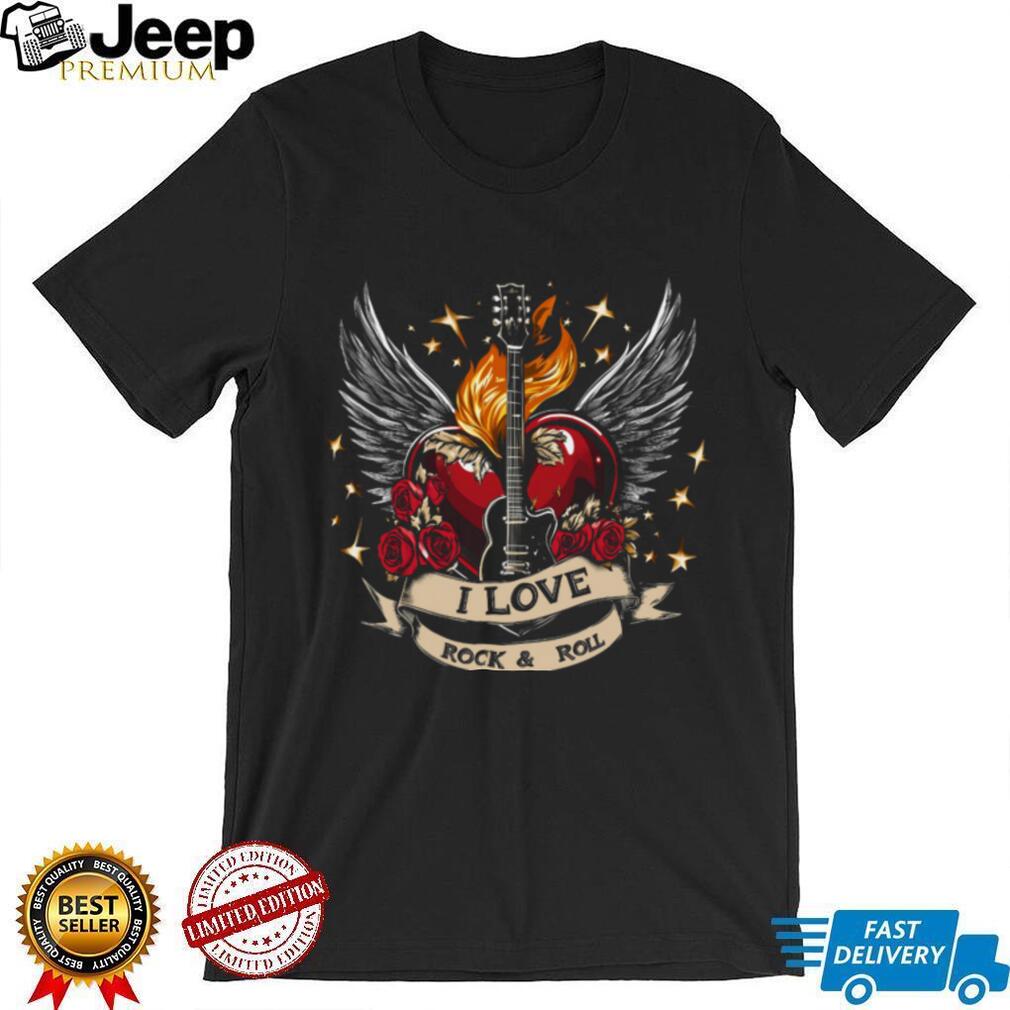 “I Love Rock & Roll” Winged Heart and Electric Guitar Shirt