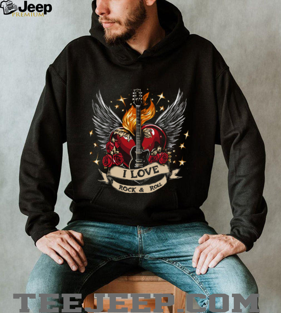 “I Love Rock & Roll” Winged Heart and Electric Guitar Shirt