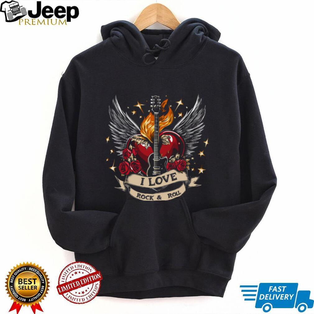 “I Love Rock & Roll” Winged Heart and Electric Guitar Shirt