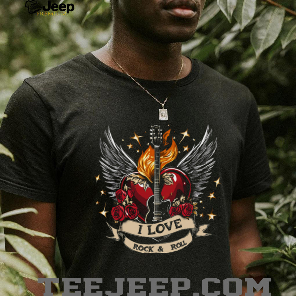 “I Love Rock & Roll” Winged Heart and Electric Guitar Shirt