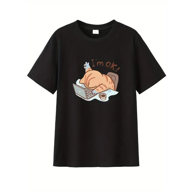 I'M OK Funny Cartoon Cat And Computer Graphic Print, Men's Crew Neck Short Sleeve T-shirt, Casual Comfy Fit Top For...