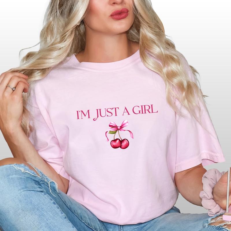 I'm Just A Girl Shirt, Coquette Cherry Graphic Printed Tee, Cherries Lover Women Unhinged Shirt, I'm Literally Just A...