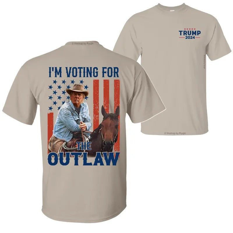 I'm Voting for The Outlaw Trump Cowboy 2024 Riding a Horse with The American Flag 2 Sided Graphic Printed Unisex Cotton...