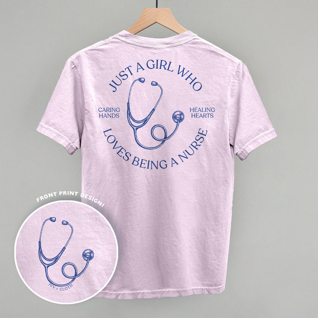 Just A Girl Who Loves Being A Nurse (Back Print) T-Shirts, Hoodie, Sweatshirt | CiraTrend.com (Image 1)