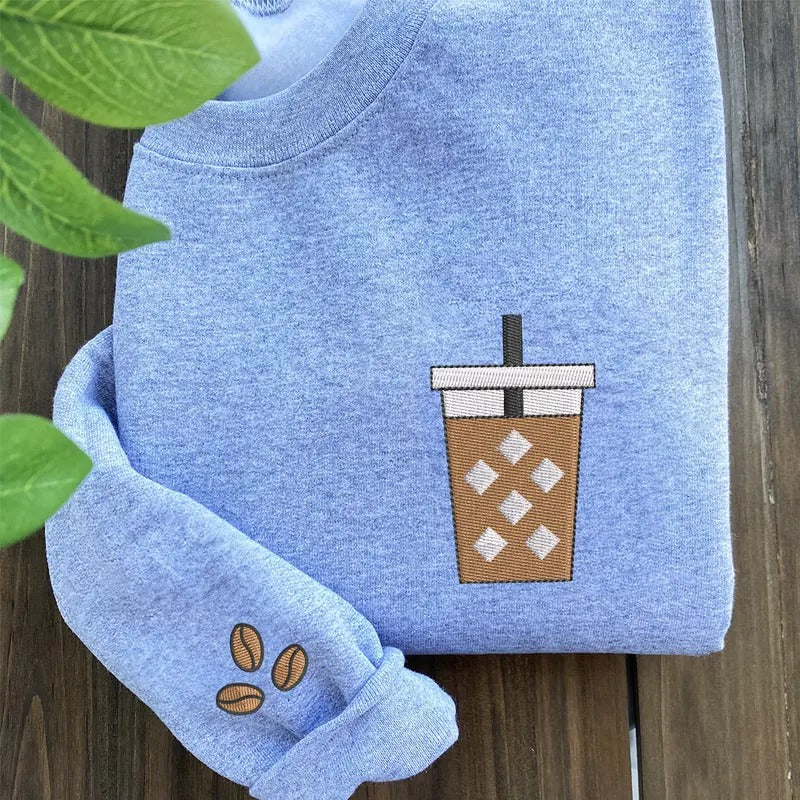 Iced Coffee Embroidered Sweatshirt, Coffee Lover Gift T-Shirts, Hoodie | CiraTrend.com