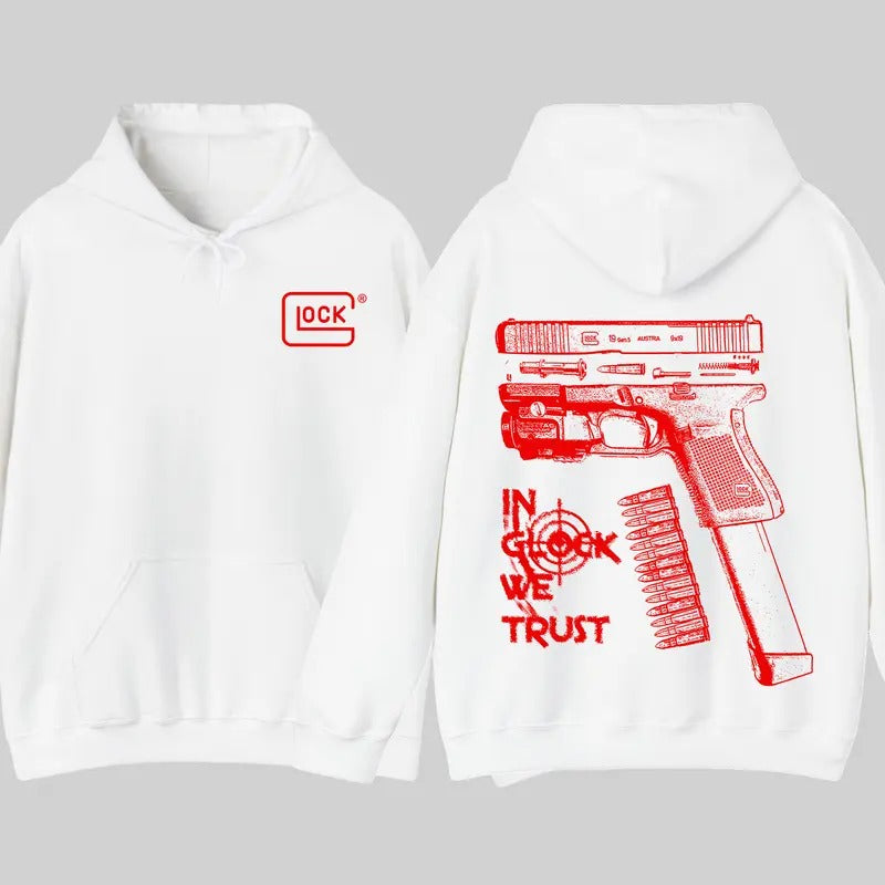 In GLock We Trust Hoodie - Full Design Graphic White Hoodie - Streetwear for Men's & Women's Fit Long Sleeve Hoodie...