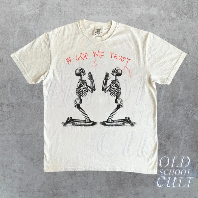 In God We Trust Skeleton Vintage 90s Graphic Style T-Shirt, Retro Skull Oversize Shirt, Y2k Christian Tee, Dark Art Shirt, Gothic Clothing