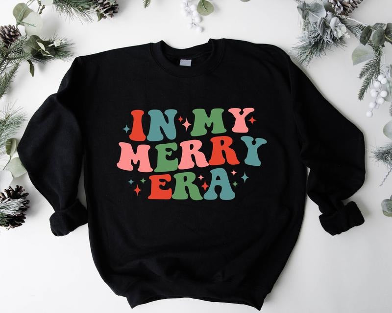In My Merry Era Sweatshirt, Retro Christmas Sweater, Woman Christmas Hoodie, Trendy Xmas Gift Sweater, Winter Holiday...