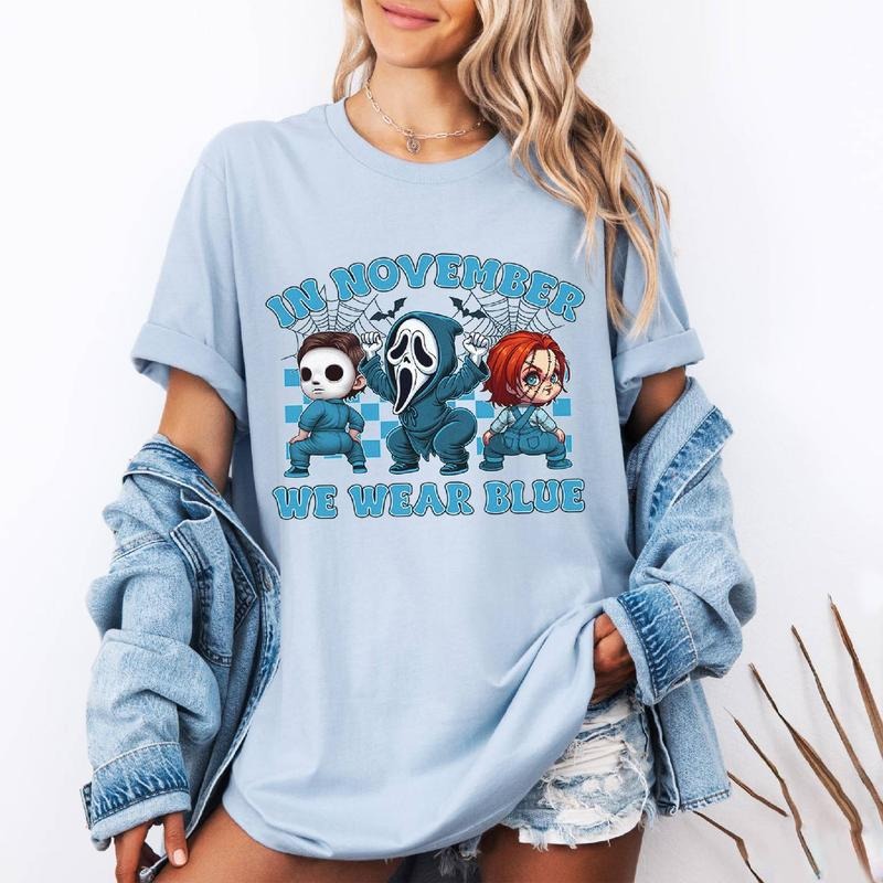 In November We Wear Blue Shirt, Jason Voorhees Ghostface And Pennywise Shirt Halloween Character Diabetes Awareness...