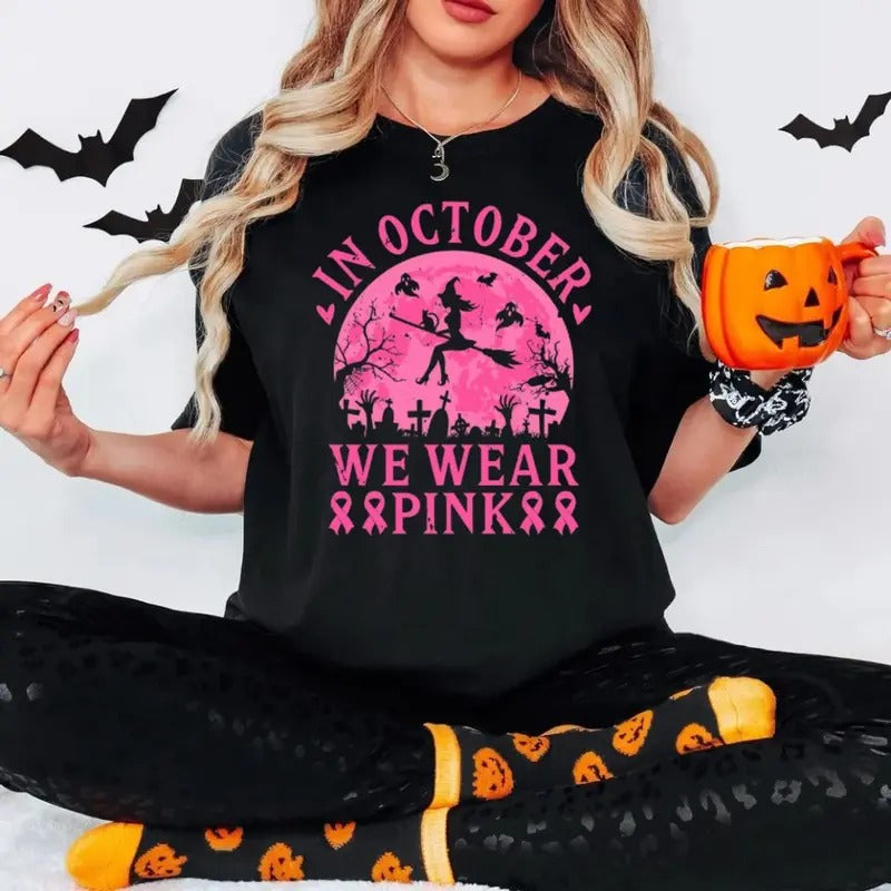 In October We Wear Pink Shirt, Breast Cancer Awareness Shirt, Breast Cancer Month, Halloween Cancer Support Shirt, Unisex...