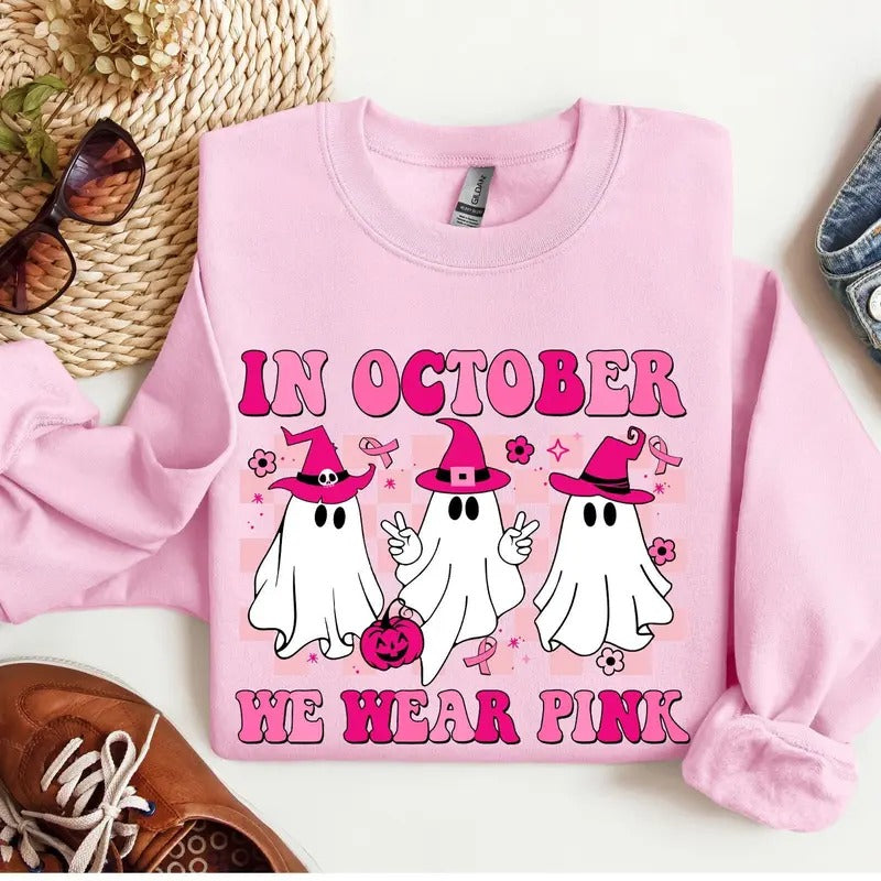 In October We Wear Pink Wizard Ghosts Sweatshirt, Breast Cancer Awareness Halloween T-Shirt, Support Breast Cancer...