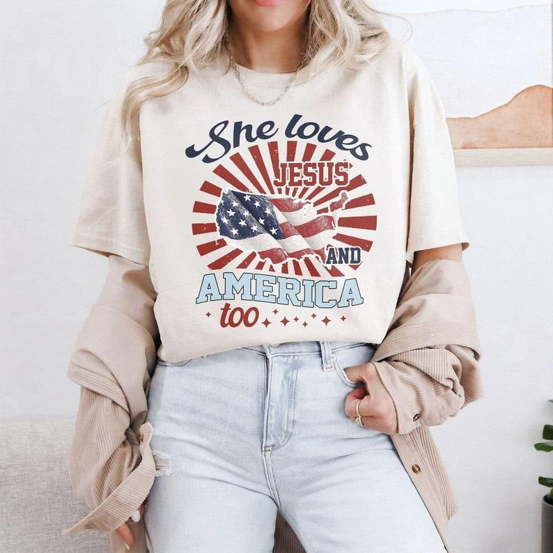 Independence Day Shirt, 4th of July Christian Shirt, She Loves Jesus And America Too Shirt, America Retro Shirt, Usa Shirt, USA Flag  T-shirt, sweater and Hoodie