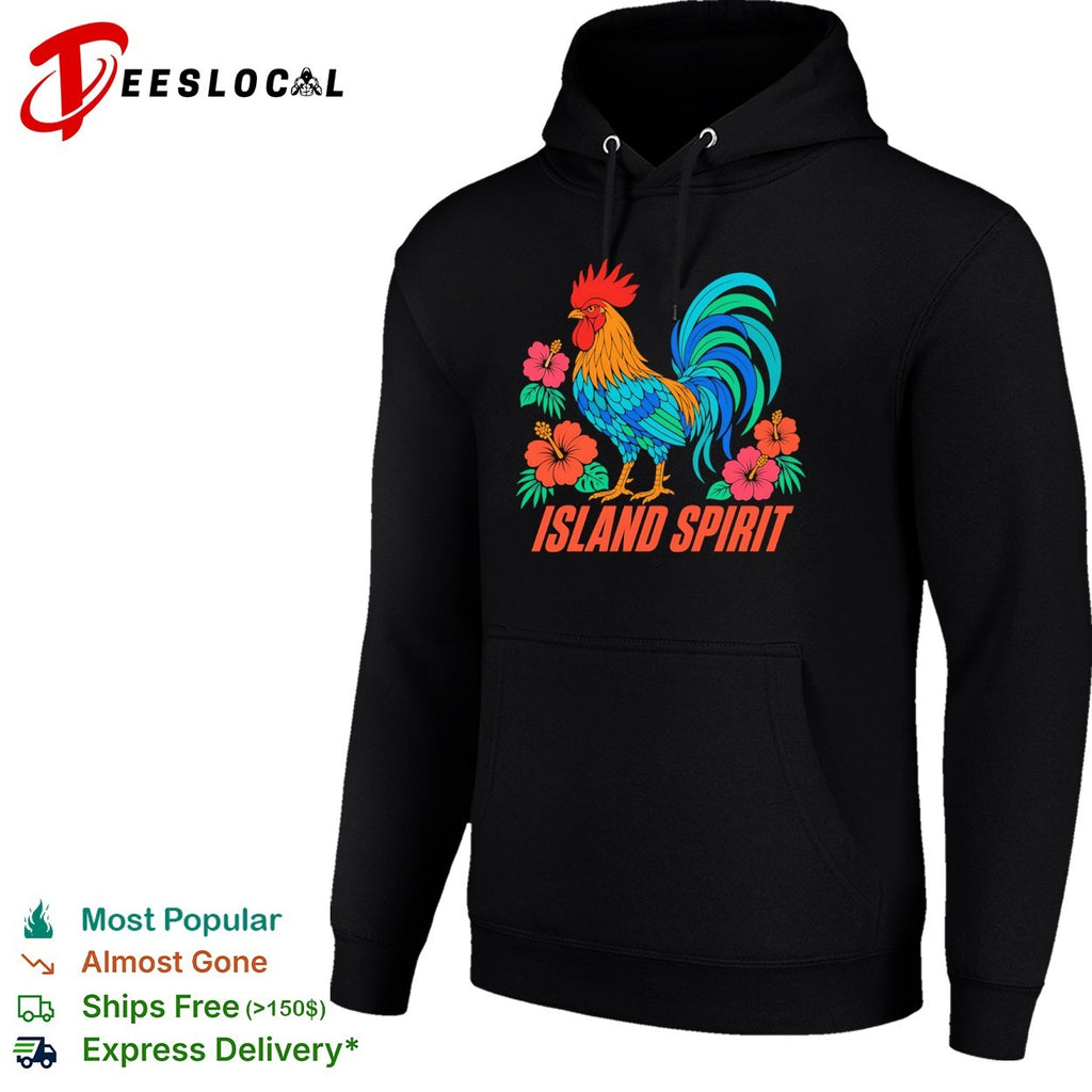 Island Spirit rooster with hibiscus flowers shirt