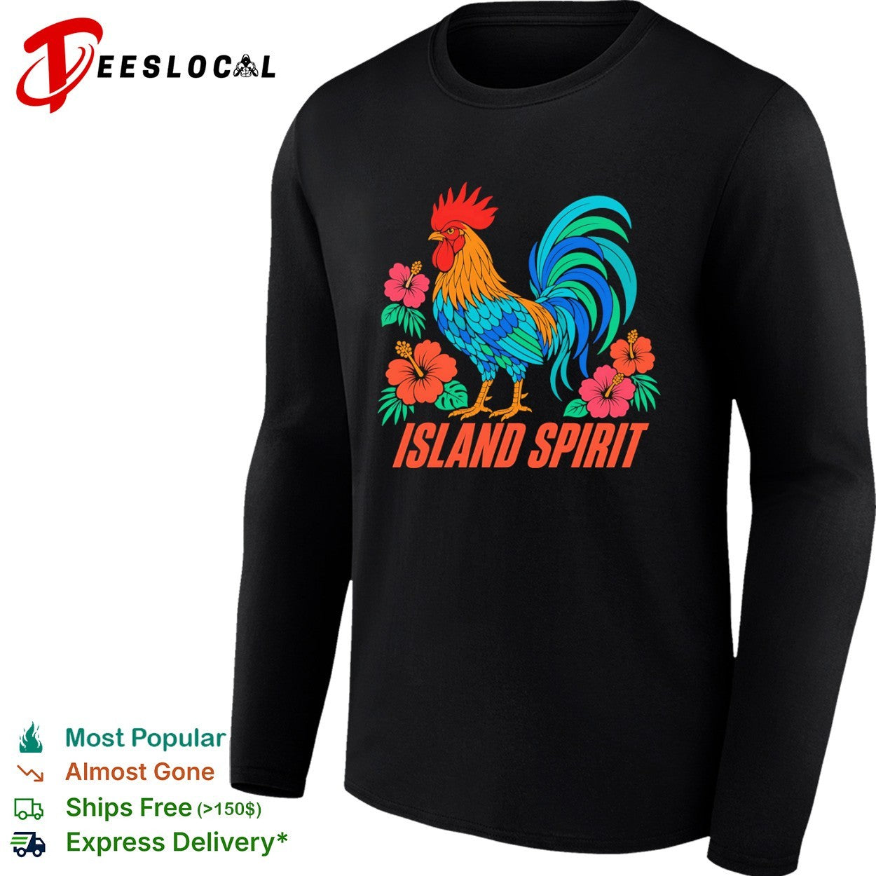 Island Spirit rooster with hibiscus flowers shirt