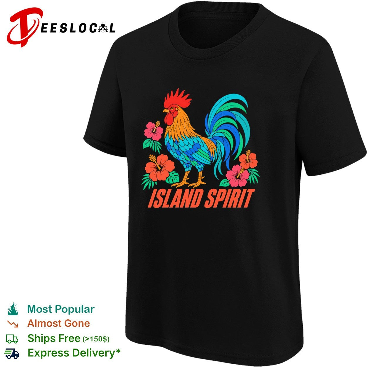 Island Spirit rooster with hibiscus flowers shirt