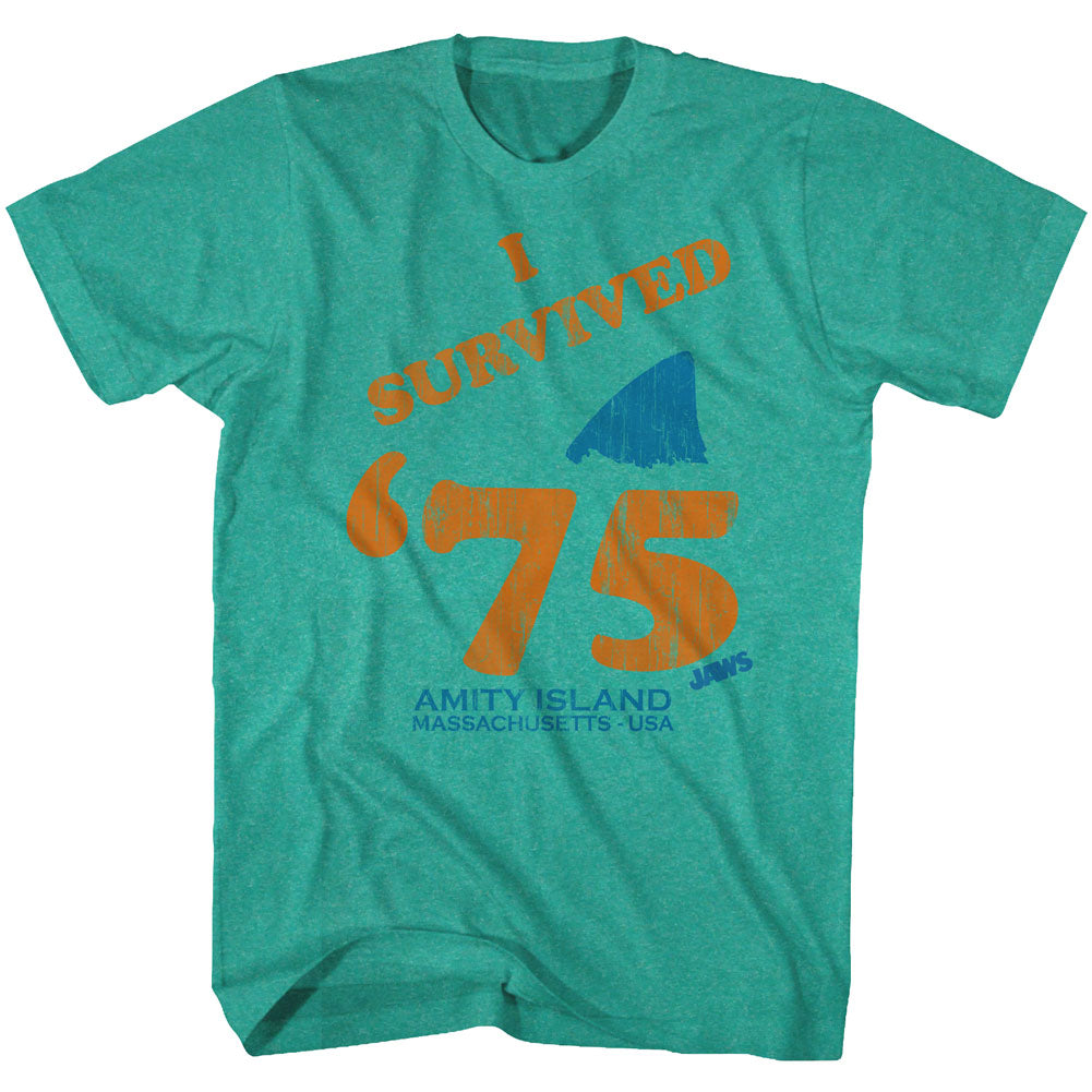 Jaws Mens S/S T-Shirt - Survivor - Heather Mahi Heather Hoodie, Sweatshirt | CiraTrend.com