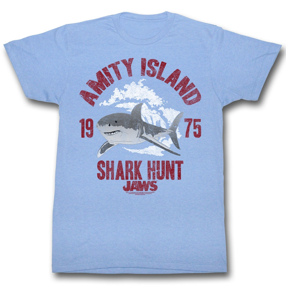 Jaws Mens S/S T-Shirt - Shark Hunt - Heather Light Blue Heather Hoodie, Sweatshirt | CiraTrend.com