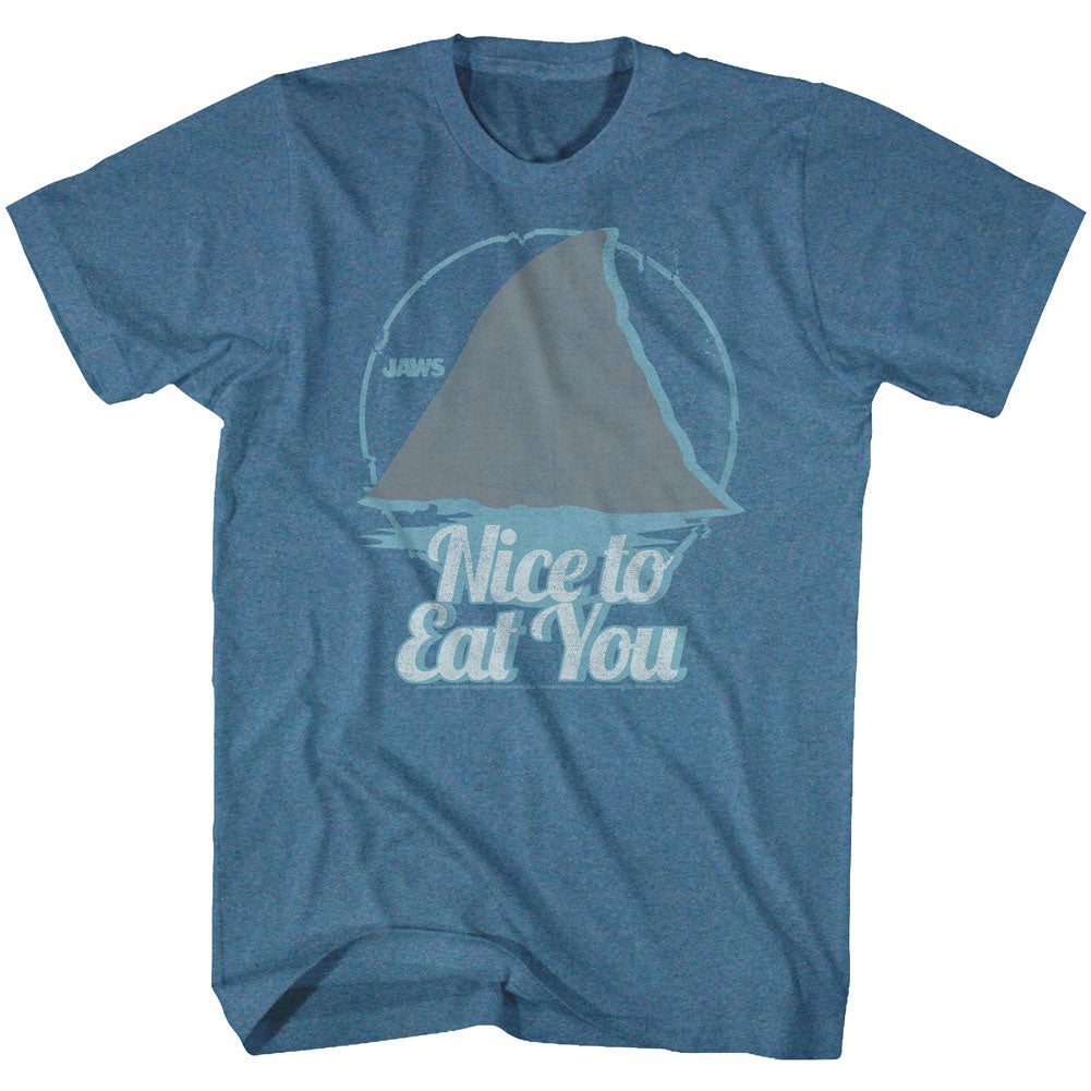 Jaws Mens S/S T-Shirt - Nice To Eat You - Heather Pacific Blue Heather Hoodie, Sweatshirt | CiraTrend.com
