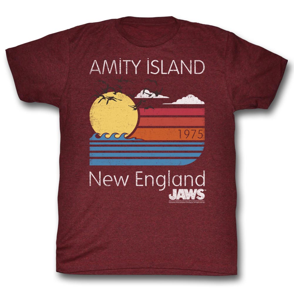 Jaws Mens S/S T-Shirt - Sunset - Heather Vintage Maroon Heather Hoodie, Sweatshirt | CiraTrend.com