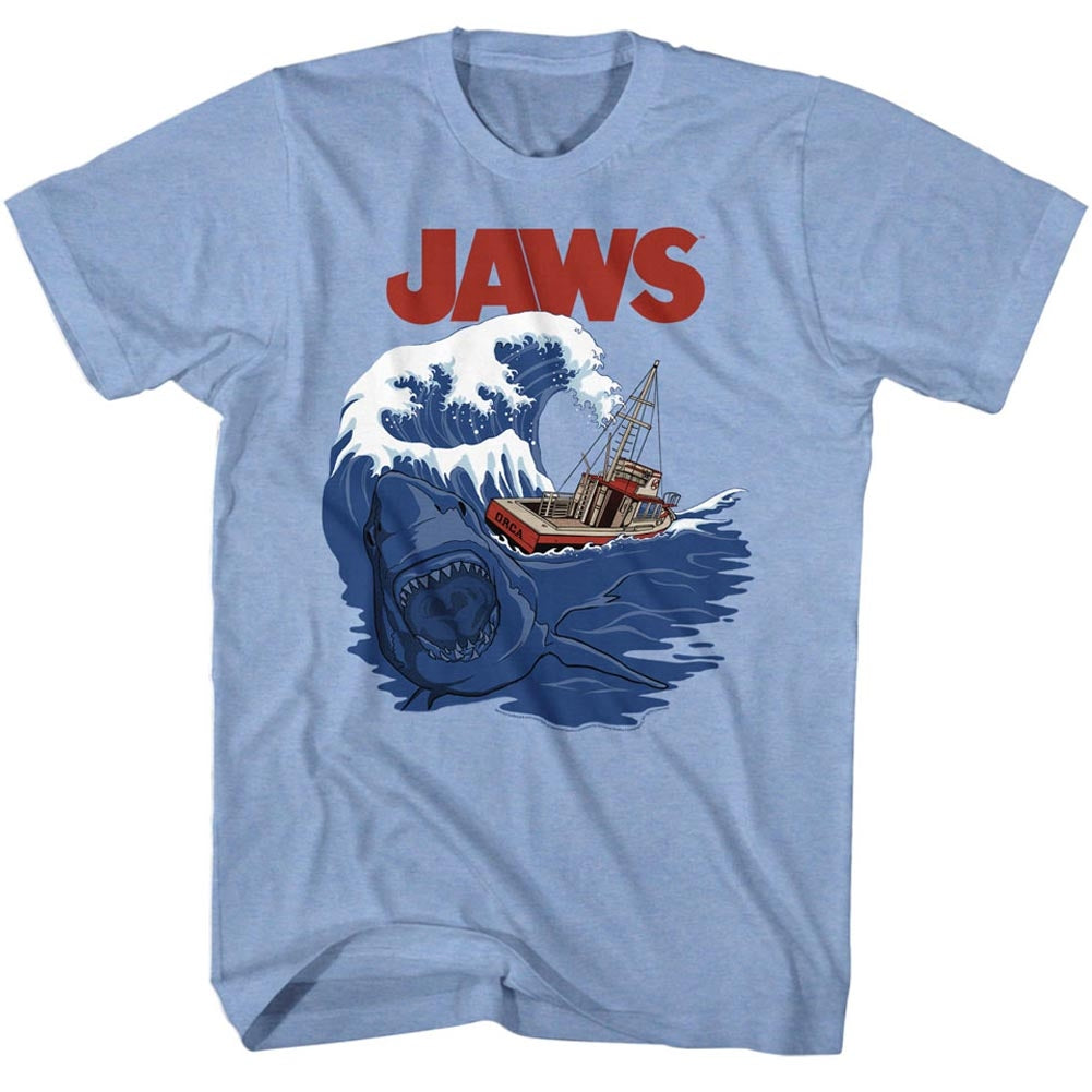 Jaws Mens S/S T-Shirt - Shark Swell - Heather Light Blue Heather Hoodie, Sweatshirt | CiraTrend.com