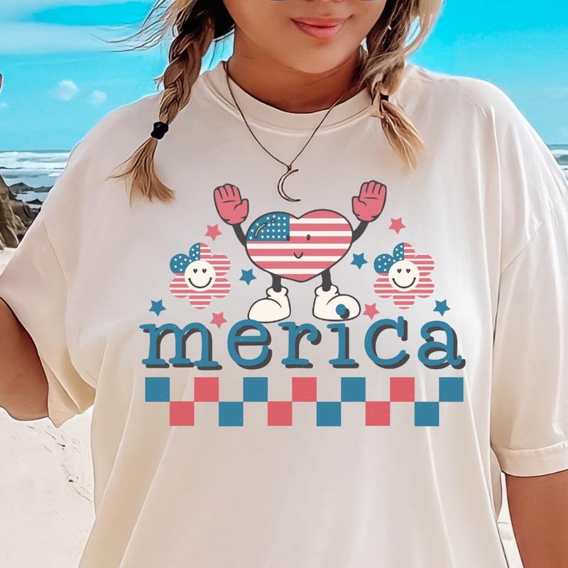 JULY 4TH SHIRT, MERICA HEART SHIRT, 4TH OF JULY MEN SHIRT, UNISEX COTTON SHIRT, OVERSIZED HOLIDAY SUMMER SHIRT Comfort...