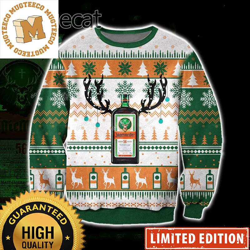 Jagermeister Reindeer Bottle Signature Green And Orange Colorway Knitting Christmas Ugly Sweater 2023